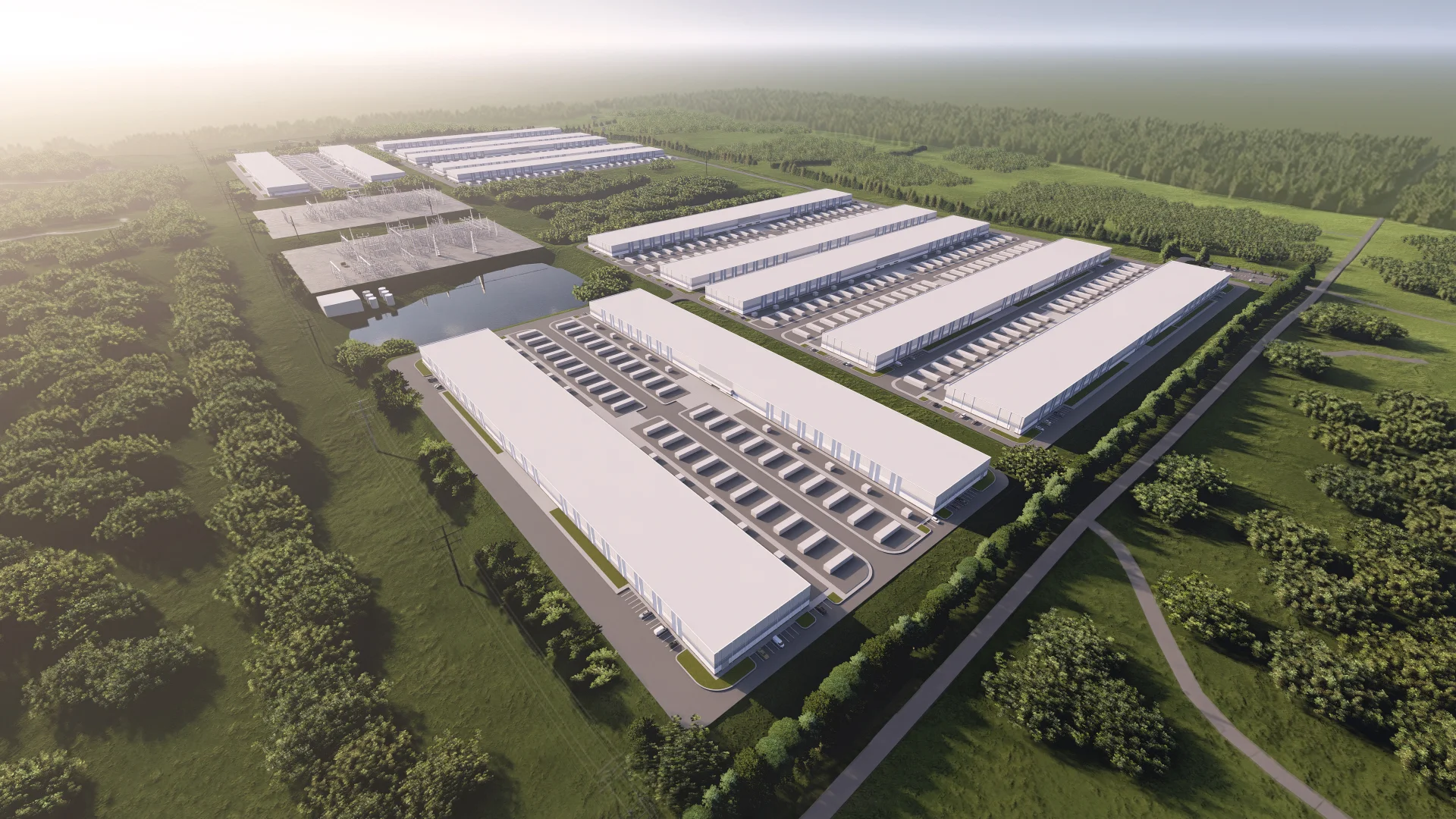 Aerial rendering of Luther Horizon Technology Park — rows of long, low-profile data center buildings on a landscaped campus surrounded by mature trees, with a retention pond in the foreground under soft daylight