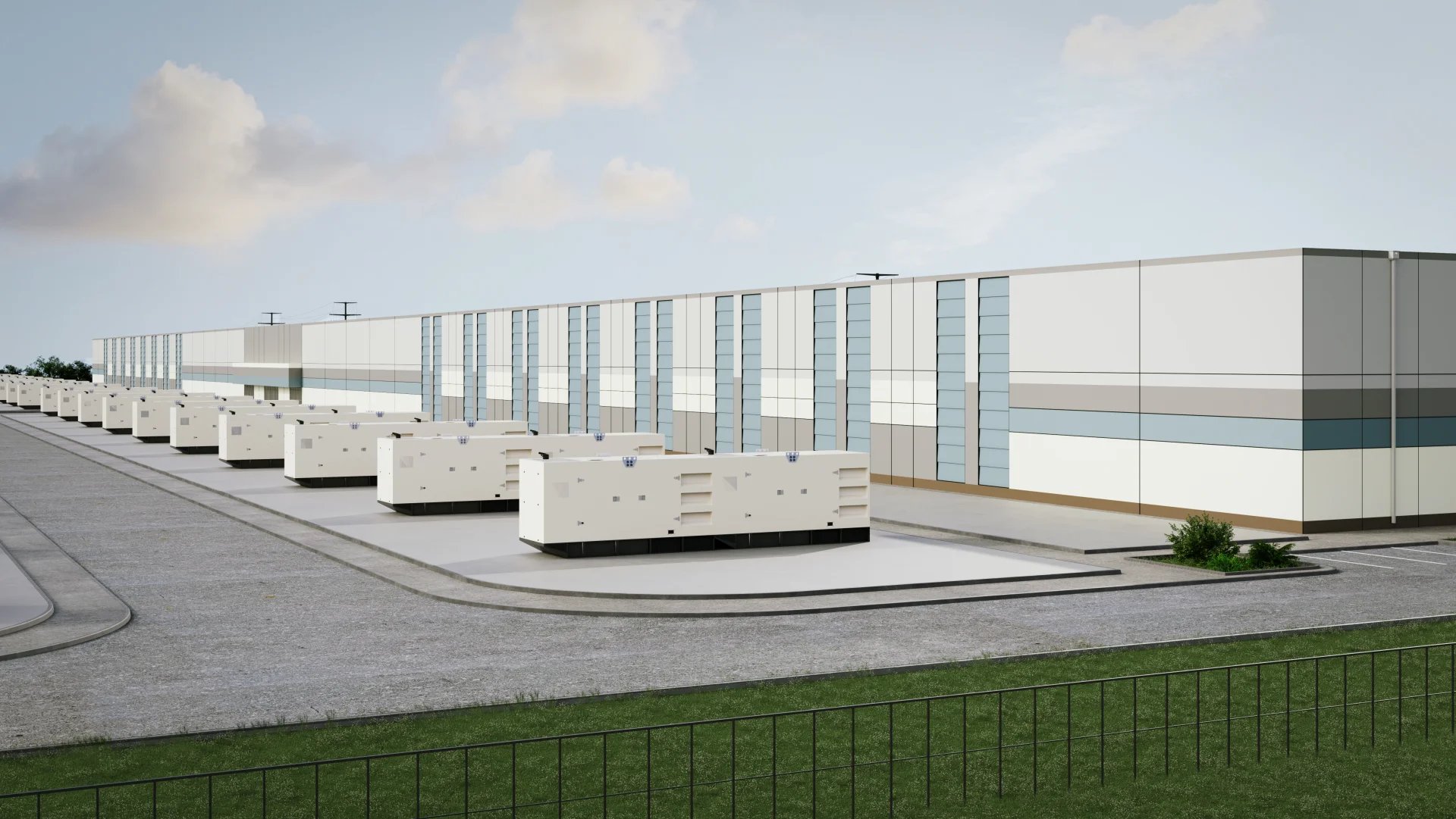 Ground-level rendering of backup generator enclosures lined up along a paved service lane beside the Luther Horizon Technology Park data center buildings, with perimeter fencing and landscaping in the foreground