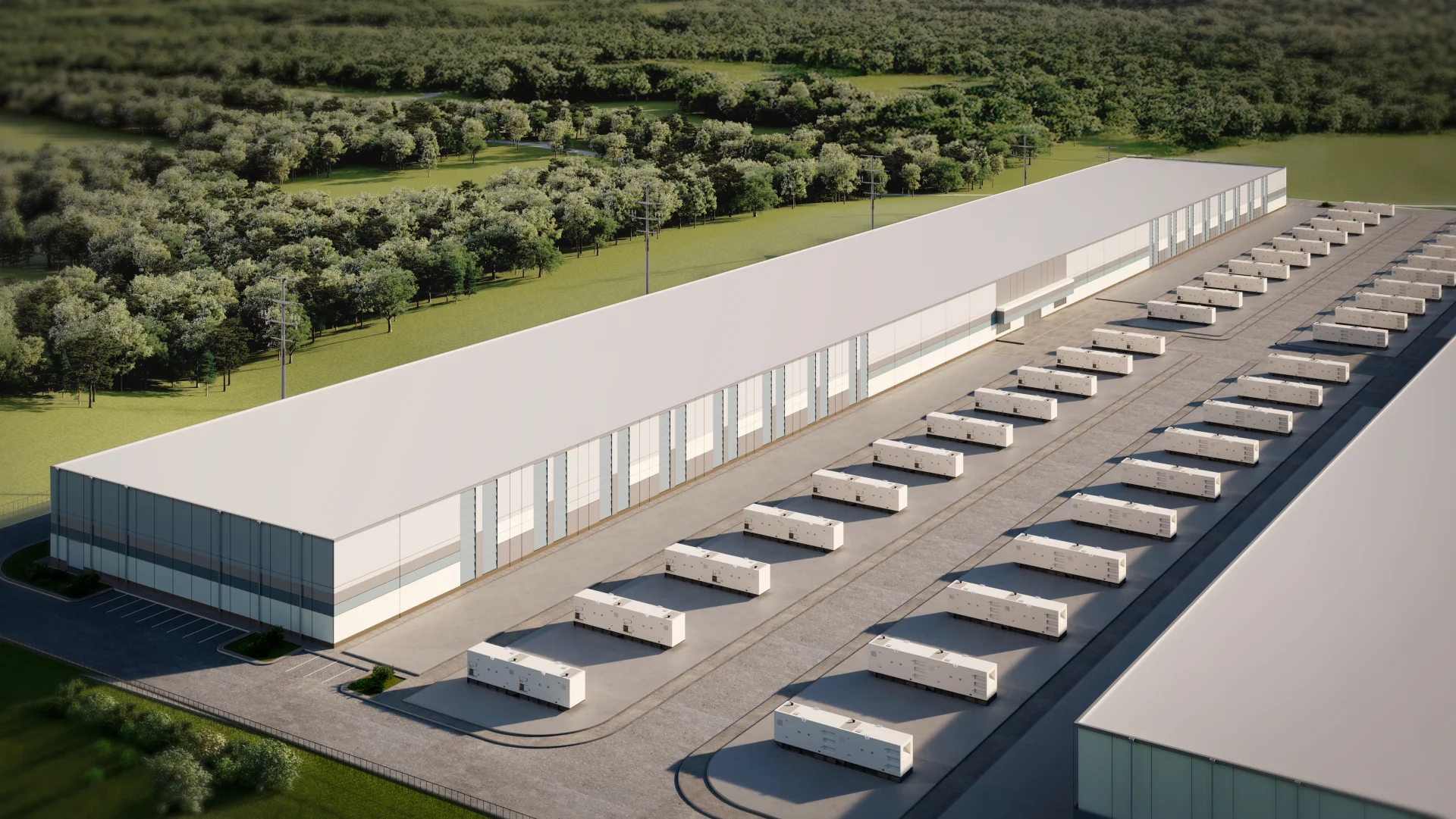 Aerial rendering of a Luther Horizon Technology Park data center building with rows of white rooftop cooling units, bordered by mature trees and green landscaping