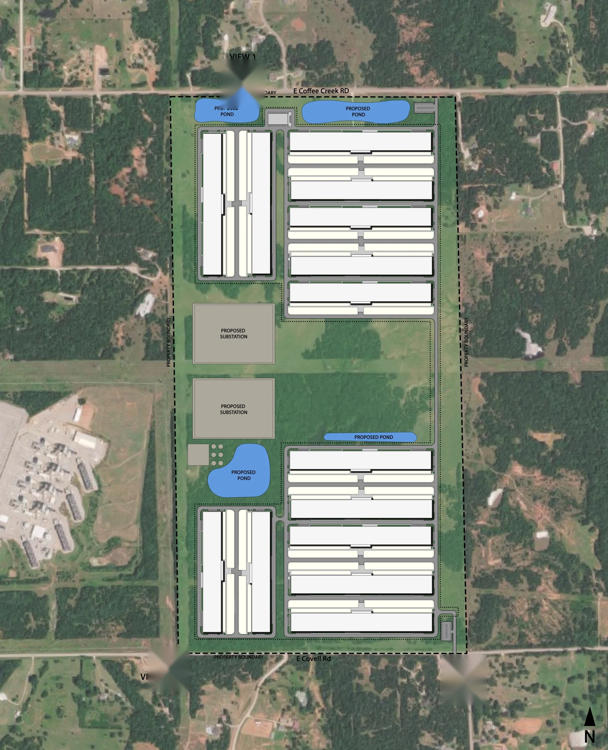 Luther Horizon Technology Park conceptual site plan showing building layout, setbacks, and landscaping buffers along NE 206th Street and E Coffee Creek Road
